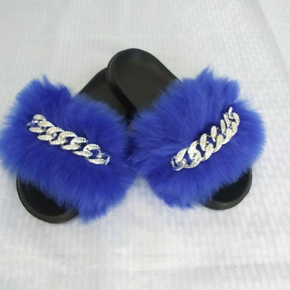 Royal Blue Faux Fur Slides/Slippers/With Chain - Picture 2 of 7